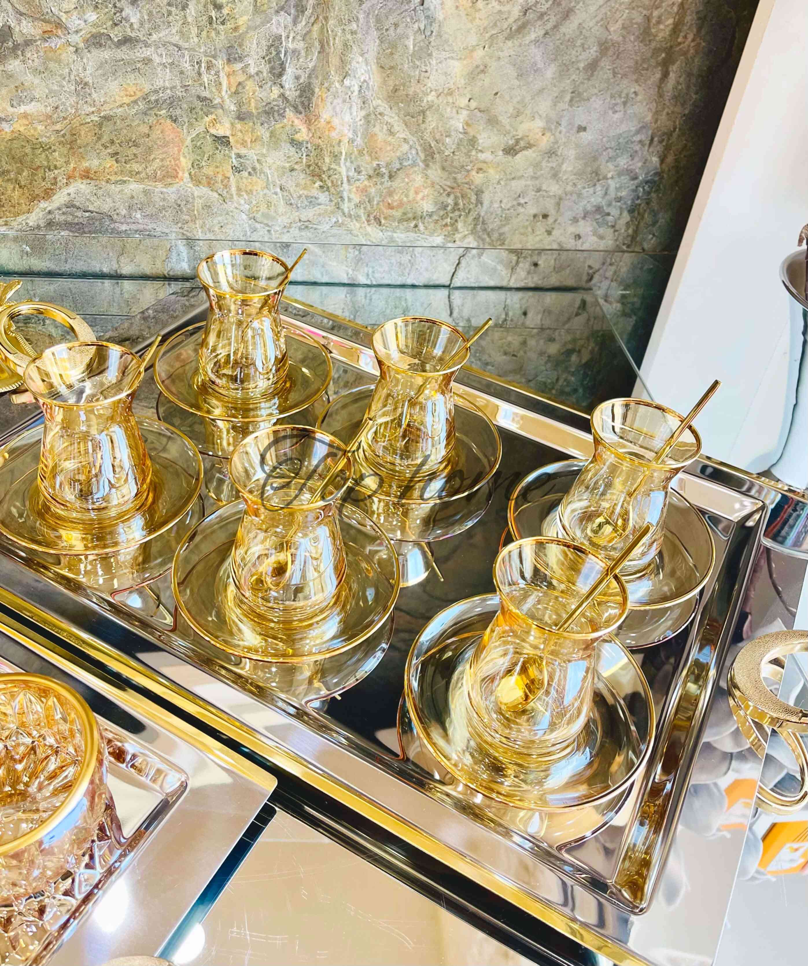 Service à Thé en Verre 12 pièces Doré