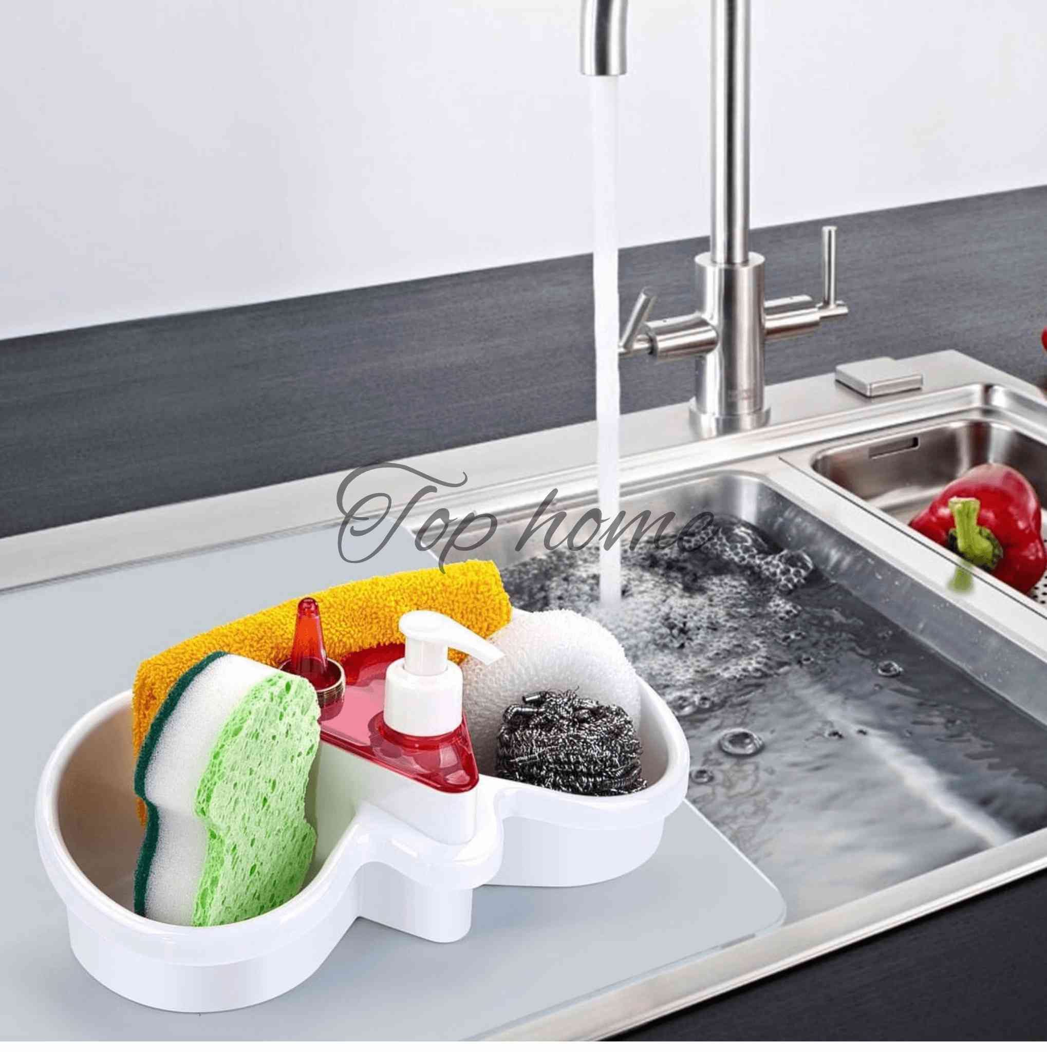 Porte-savon de cuisine avec grand doseur | Double creux pour éponges et savons |