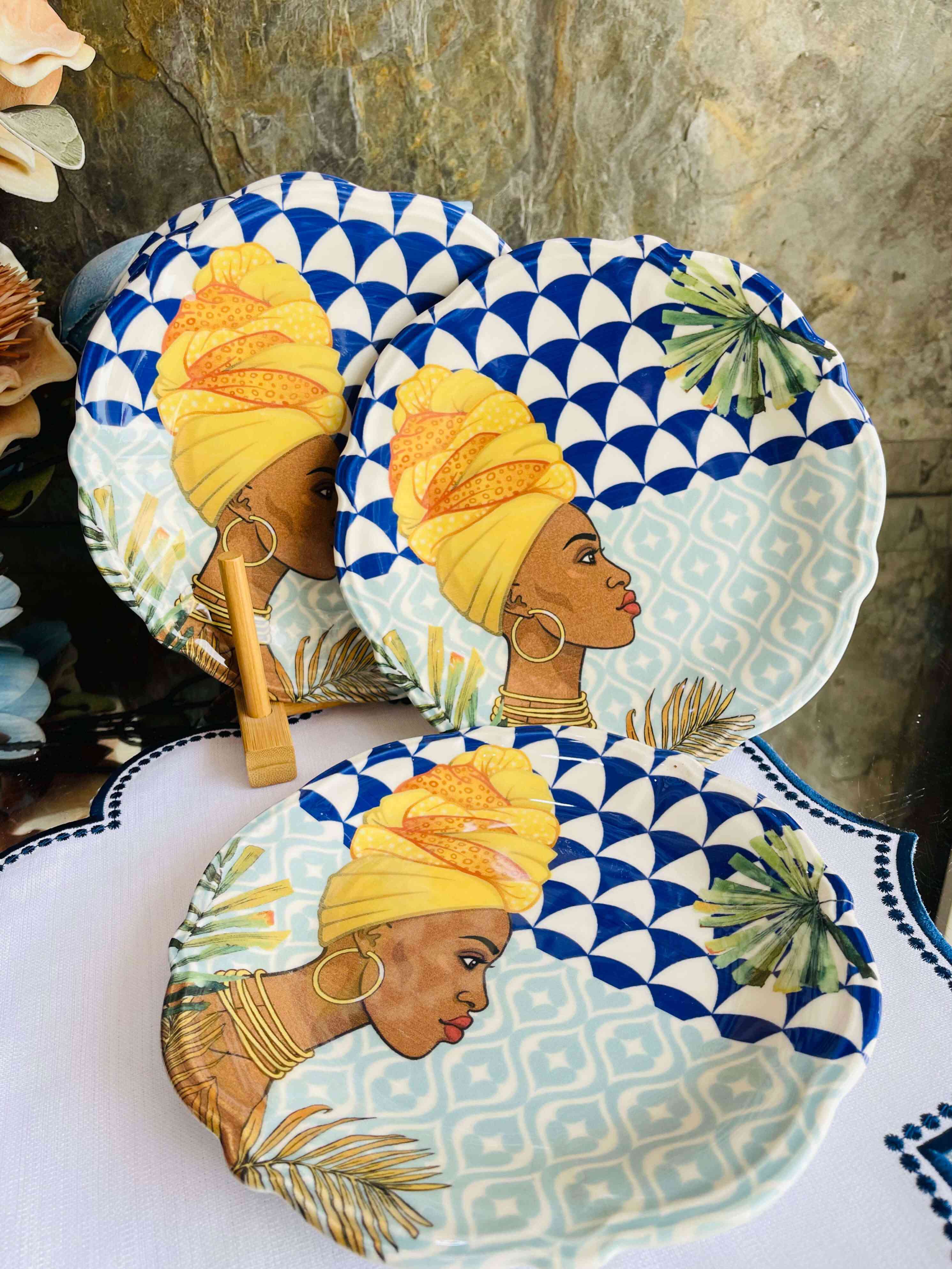 Lot de 6 Assiettes à dessert décorative en porcelaine- Design femme africaine - plat 21cm